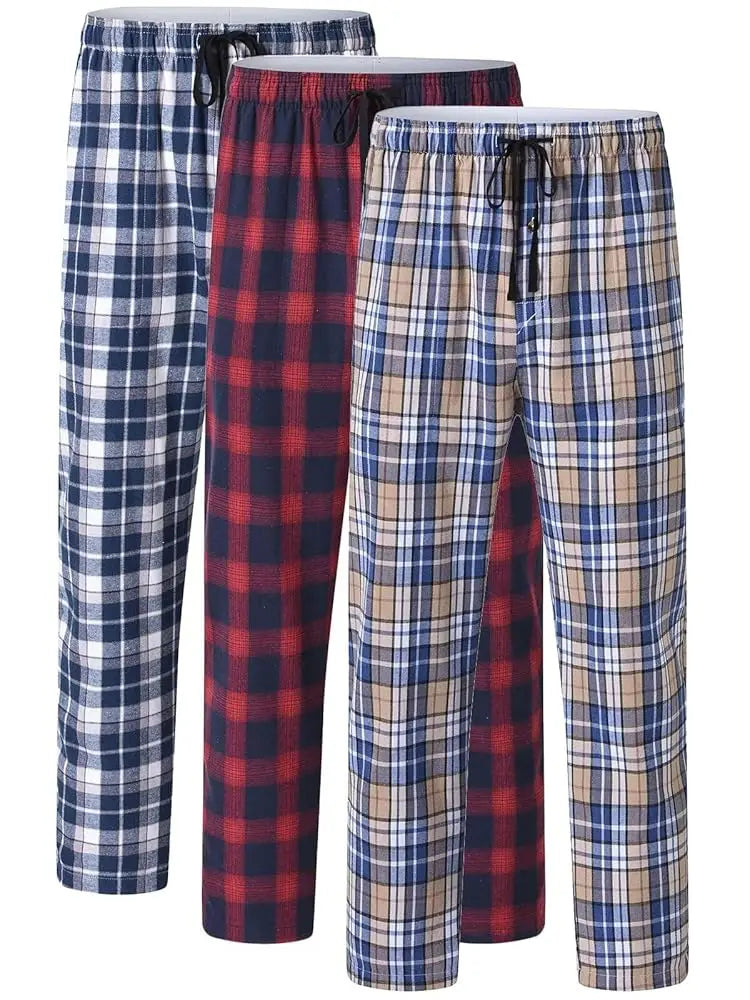 Men's 3Pcs Pajama Sleeping Pants Cotton Plaid Pjs, Long Plaid Print Sleepwear Pajama Pants with Elastic Waist Homewear