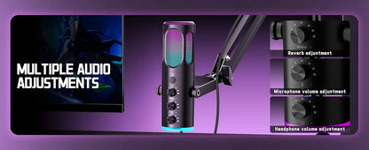 PUPGSIS Gaming USB Microphone, Noise Cancellation Condenser Mic with Mute, Gain, RGB Lights, Boom Arm Stand for Streaming, PC