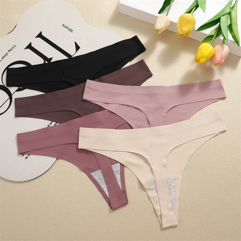 7PCS/Set Ice Silk Seamless Women G-String Panties Sexy Low-Waist Thongs T-Back Female Solid Color Soft Underwear Utral-Thin Pant