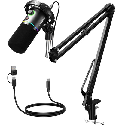 MAONO PD200XS USB/XLR Dynamic Microphone with Shock Mount Boom Arm Stand Maonolink Gain Knob RGB Light for PC Gaming Recording