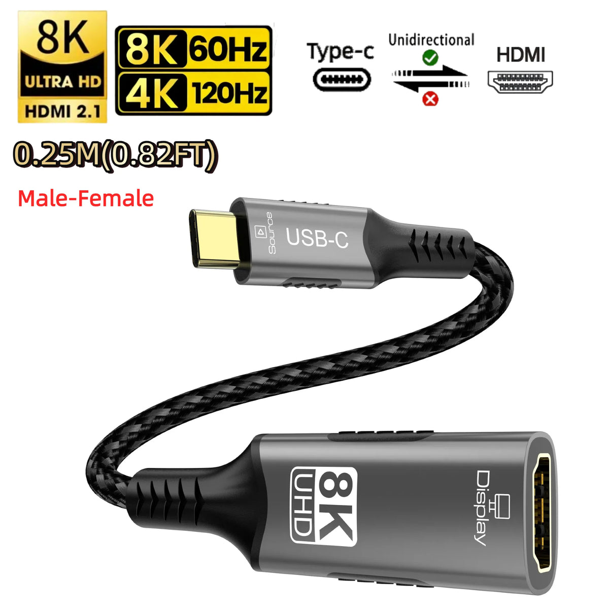 8K@60Hz 8K USB C to HDMI 2.1 Cable Adapter Type C to HDMI Cable for Thunderbolt 3 Compatible with MacBook Pro IPad pro Laptop