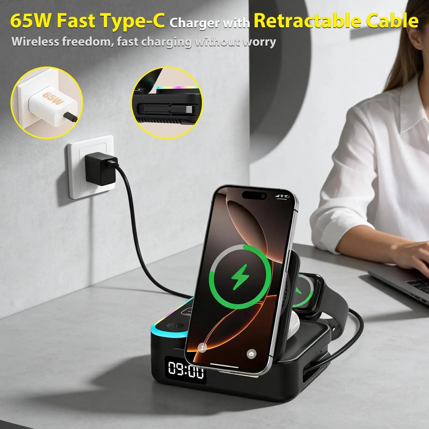LYNXZ 8-i-1 Magnetisk Trådlös Laddstation 15W – RGB MagSafe PD30W USB-C iPhone AirPods Apple Watch Vit Svart