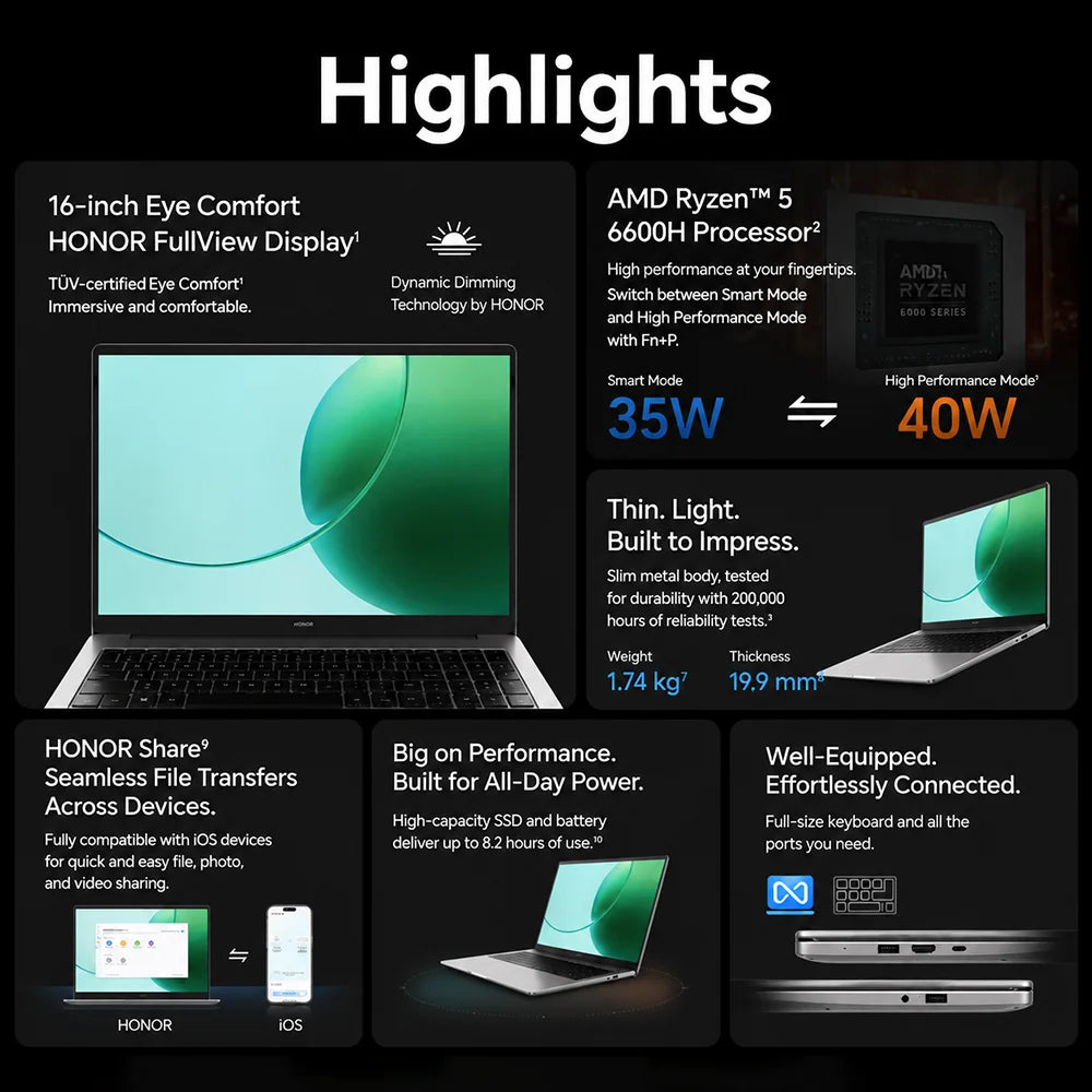 HONOR MagicBook X16 AMD 2025 Laptop 16 Inch  AMD Ryzen 5 6600H Processor AMD Radeon 660M Graphics, 40W Boosted‑Performance Mode, Slim Laptop for Work, Study & Light‑Entertainment