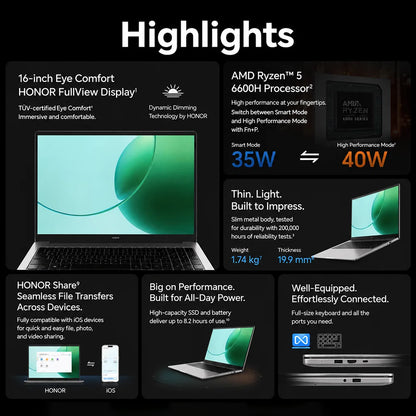 HONOR MagicBook X16 AMD 2025 Laptop 16 Inch  AMD Ryzen 5 6600H Processor AMD Radeon 660M Graphics, 40W Boosted‑Performance Mode, Slim Laptop for Work, Study & Light‑Entertainment