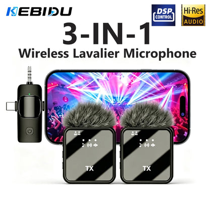 KEBIDUMEI 3 in 1 Wireless Lavalier Microphone Dual Noise Reduction Mini 1 to 2 Mic for Living Broadcast Gaming Video Recording