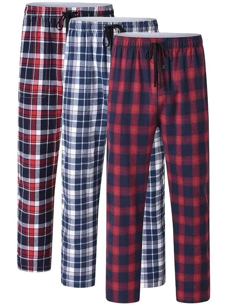 Men's 3Pcs Pajama Sleeping Pants Cotton Plaid Pjs, Long Plaid Print Sleepwear Pajama Pants with Elastic Waist Homewear