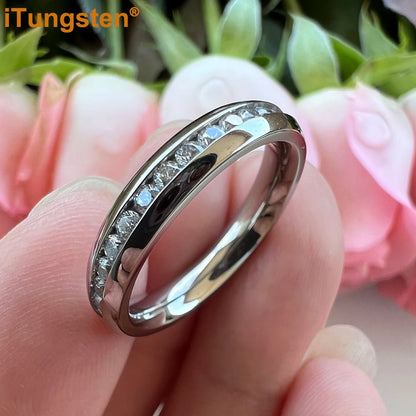 ITungsten 2/3/4mm Men Women Titanium Princess Cubic Zirconia CZ Inlay Ring Nice Eternity Engagement Wedding Band