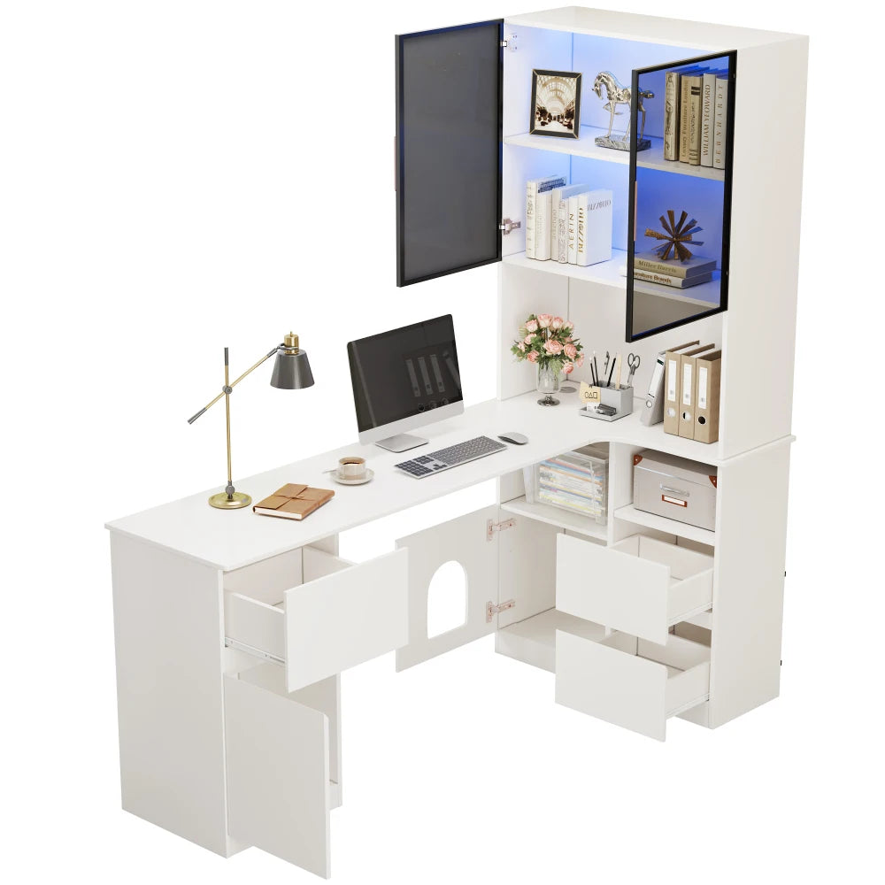 Corner Desk with Shelf and LED Display Cabinet, Desk with Cable Outlet, 3 Drawers, 2 Doors, Open Compartments, Built-in Bookcase