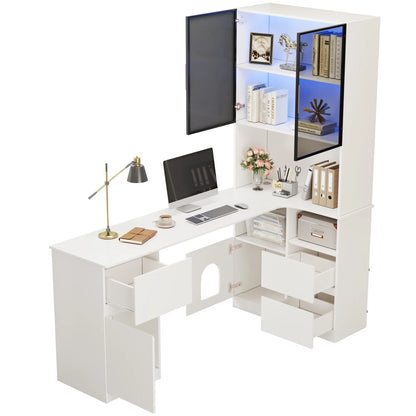 Corner Desk with Shelf and LED Display Cabinet, Desk with Cable Outlet, 3 Drawers, 2 Doors, Open Compartments, Built-in Bookcase