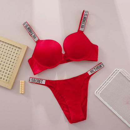 Victoria Secret Shine Script Thong Panty Very Sexy Logo Shine Strap Push Up Bra Set Sexy Women Lingerie Hot