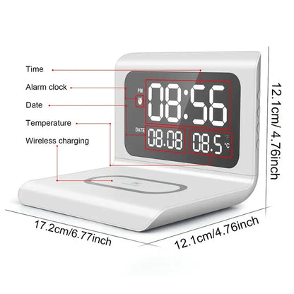 Trådlös Laddare 15W med Väckarklocka & Termometer – Qi USB-C iPhone 17–11 Samsung Xiaomi, 3 Alarm Celsius/Fahrenheit CE RoHS