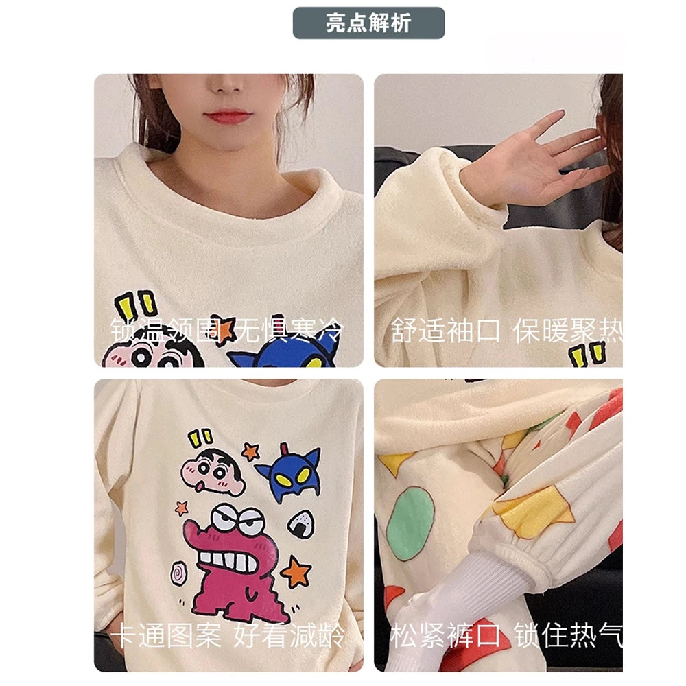 Kawaii Crayon Shin-Chan Couple Pajamas Set New Men's/women's Fashion Casual Pajama Plush Coral Fleece Winter Cartoon Homeclothes