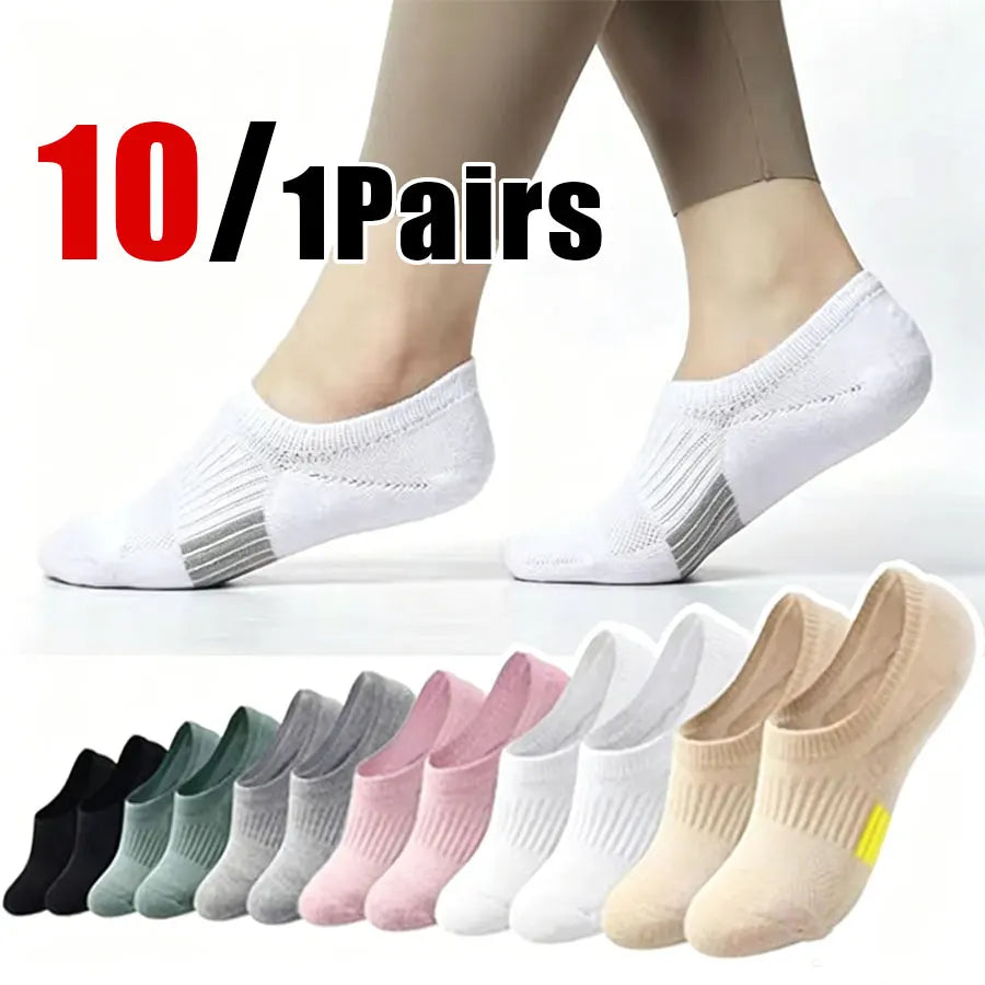 1/10 Pairs Women Breathable Mesh Invisible Ankle Socks Summer Lightweight Breathable Solid Color Cushioned Sports Leisure Socks