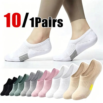 1/10 Pairs Women Breathable Mesh Invisible Ankle Socks Summer Lightweight Breathable Solid Color Cushioned Sports Leisure Socks