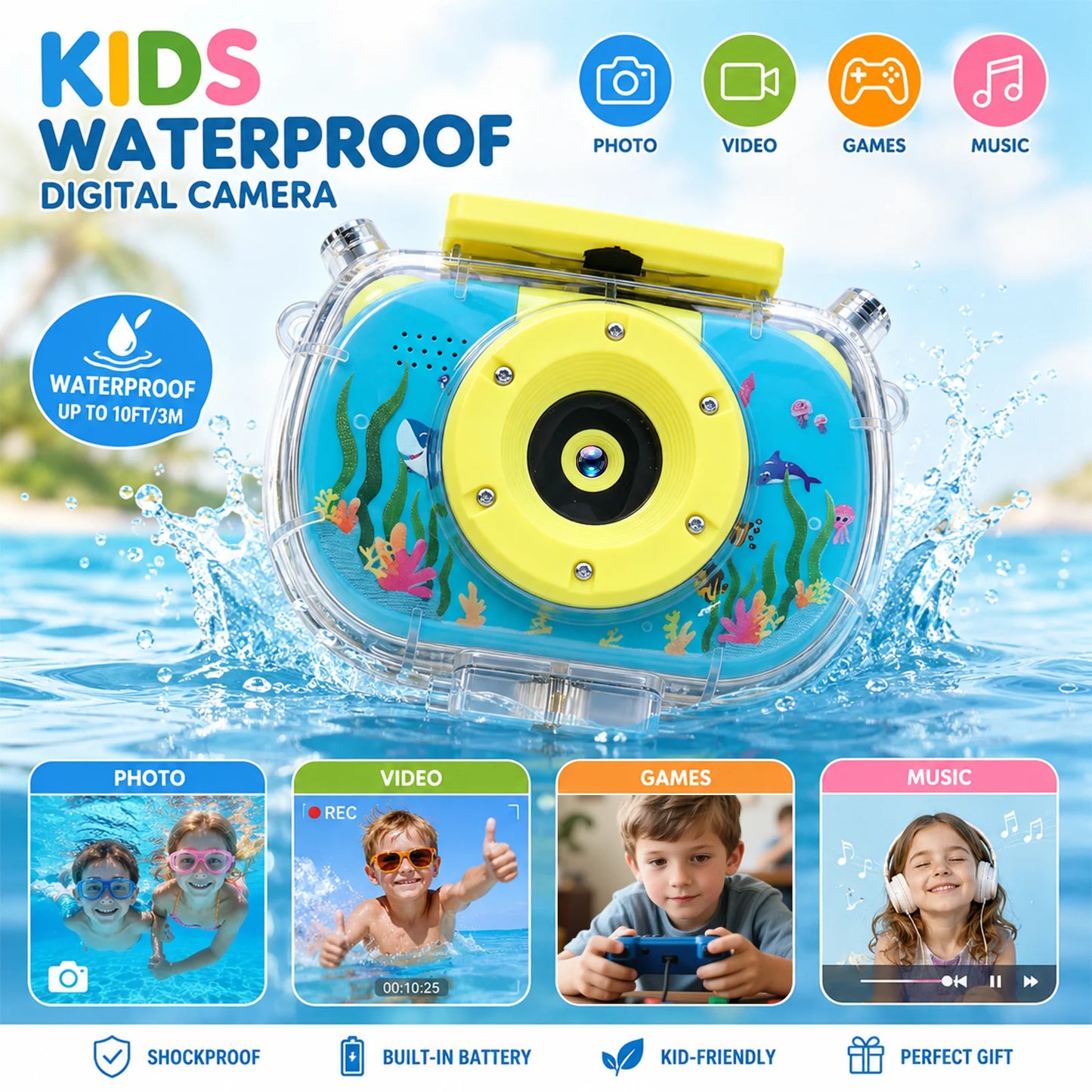 Kids Waterproof Camera Underwater Digital 1080P with 10X Digital Zoom Child-Friendly Screen Waterproof Digital Photography