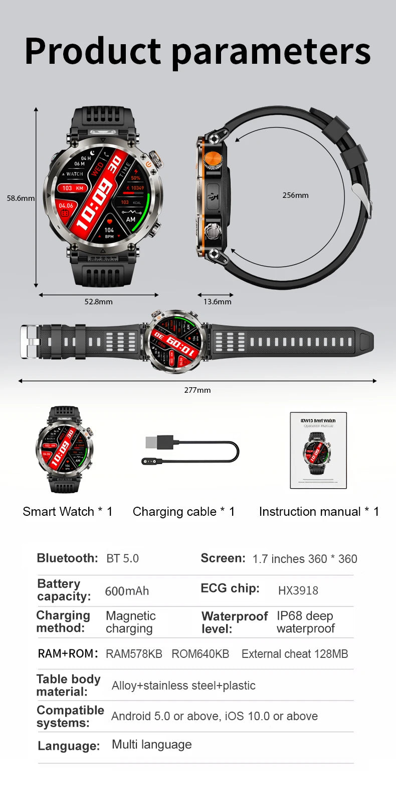 HT30 Smart Watch 2026 New Fashion Luxury 5ATM Waterproof GPS Compass AMOLED Display 366x366 Outdoor Sport Heart Rate Monitor IP6