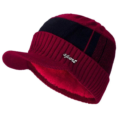 Hot Sale Unisex Warm Winter Hat With Brim Plush Fur Lined Knit Cap Sports Label Thicken Winter Hats For Men