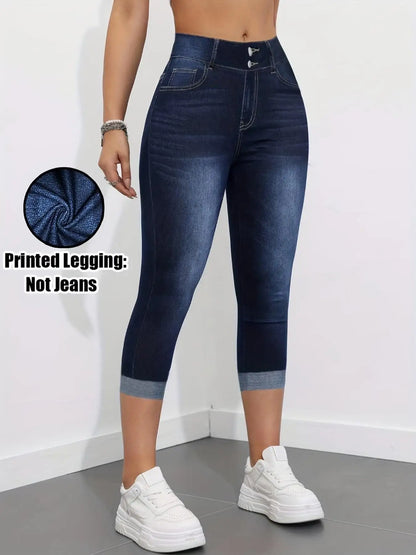 Non-Denim Women's Imitation Denim Printed Capri Leggings, Soft Breathable Slim Fit 7/8 Pants, Casual Sports Yoga Beach Vacation