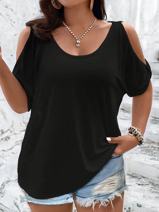 Dam Plus Size Cold Shoulder T-shirt 2026 – Lös Passform Urskärning Casual Sommar 11 Färger 1XL–5XL