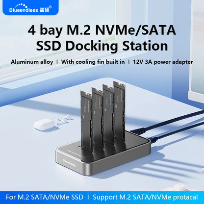 Blueendless 4 Bay M.2 NVMe/SATA SSD Docking Station Type C USB3.1 10Gbps M2 NVMe PCIe SATA NGFF Dual Protocol Aluminum SSD Case