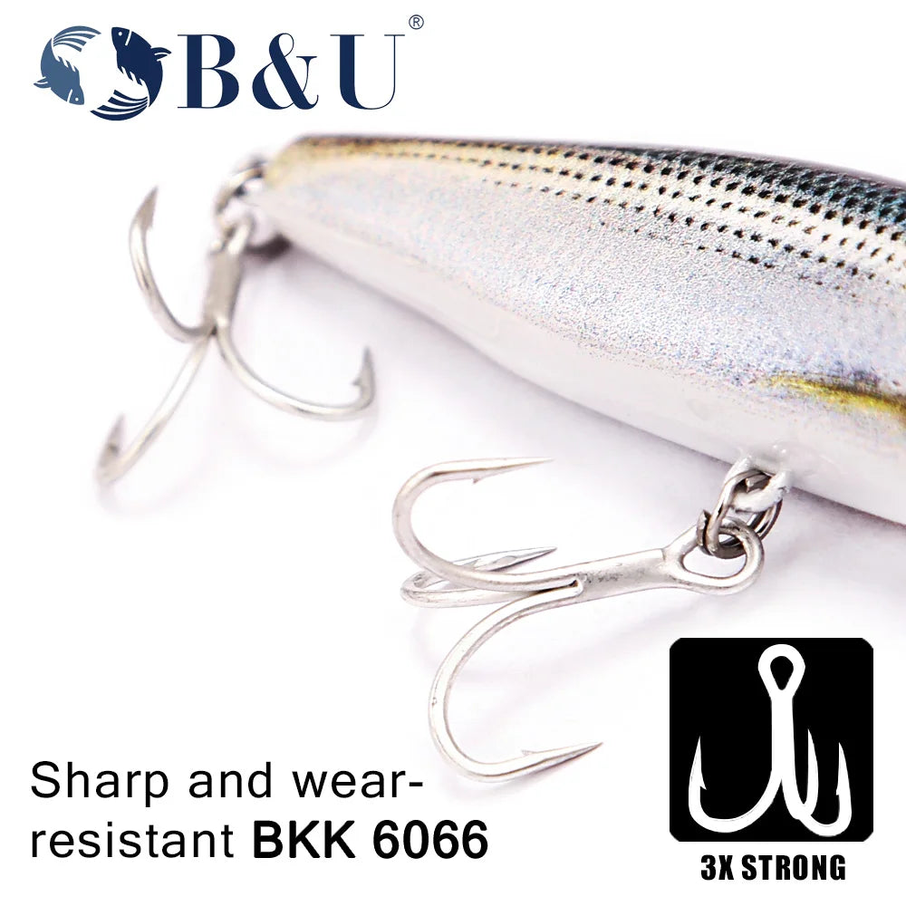 B&U Sinking Sea Fishing Minnow Lure  Long Cast Hard Bait with Sharp Treble Hooks, Saltwater Lures for Sea Bass Pike