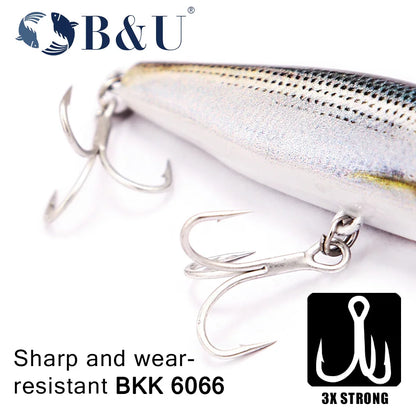 B&U Sinking Sea Fishing Minnow Lure  Long Cast Hard Bait with Sharp Treble Hooks, Saltwater Lures for Sea Bass Pike