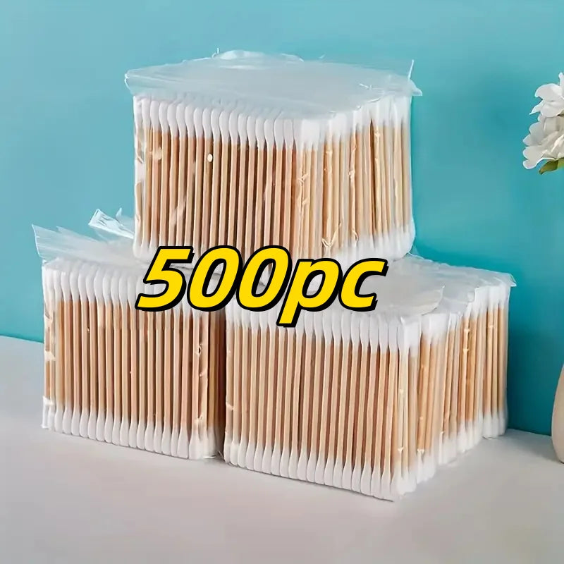 500pcs Bamboo Double-Ended Cotton Swabs - Gentle for Ears & Makeup, Unscented