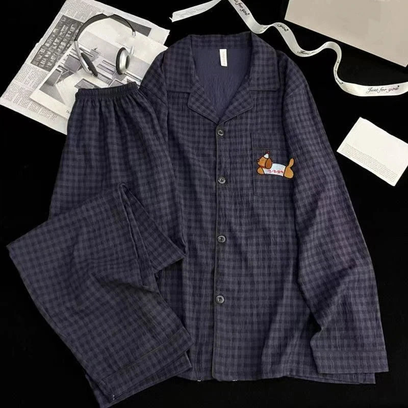 Herr Pyjamas 2-delad – Vintage Rutig Broderad Hund, Plus Size L–3XL, 5 Motiv