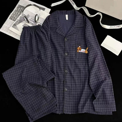 Herr Pyjamas 2-delad – Vintage Rutig Broderad Hund, Plus Size L–3XL, 5 Motiv