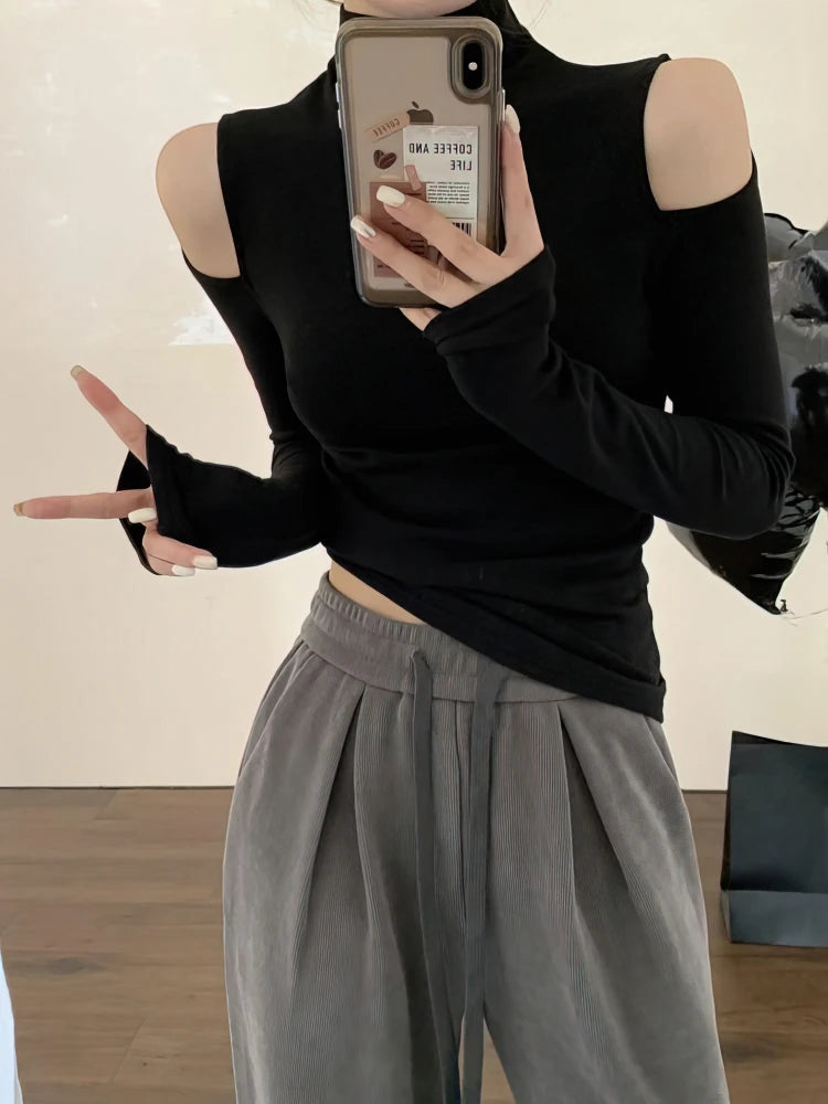 Korean Fall Winter Turtleneck Basic Tops Women Sexy Off Shoulder Long Sleeve Thick Fleece T Shirt Fashion Black Tees Lady