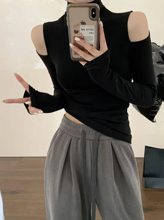 Dam Polotröja med Off-Shoulder 2026 – Koreansk Stil, Lång Ärm Fleece T-Shirt Höst Vinter XS–L