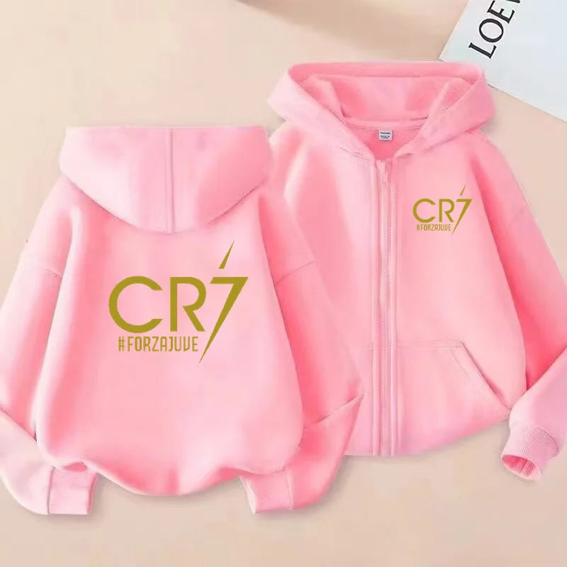 Children Football Hoodie Letter CR7 Zipper Style Coat Sweatshirt Boys Girls 3-12Yrs Long sleeves Loose Top Casual Sports Clothes