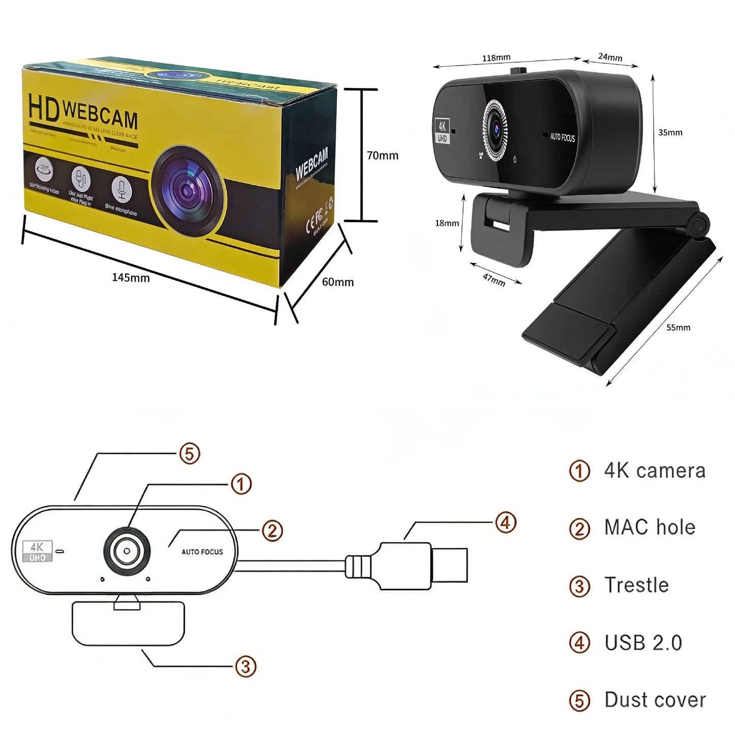 4K Webcam for PC 30fps Autofocus Web Camera With Noise Reducing Microphone Privacy Cover Auto Exposure USB 2.0 Type-C Adapter