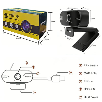 4K Webcam for PC 30fps Autofocus Web Camera With Noise Reducing Microphone Privacy Cover Auto Exposure USB 2.0 Type-C Adapter