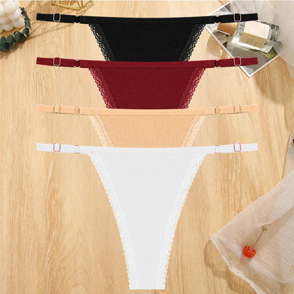 4Pc G-String Cotton Lace Women Thongs Lingerie Low Rise Panties Adjustable Waistband Straps Hipster Underwear For Girl Intimates