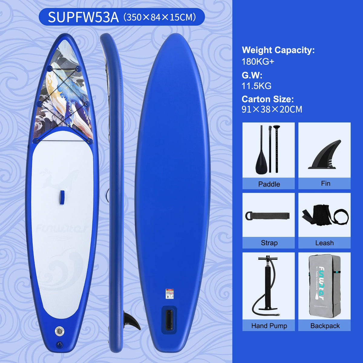 FunWater uppblåsbart SUP-bräde med tillbehör – flera storlekar