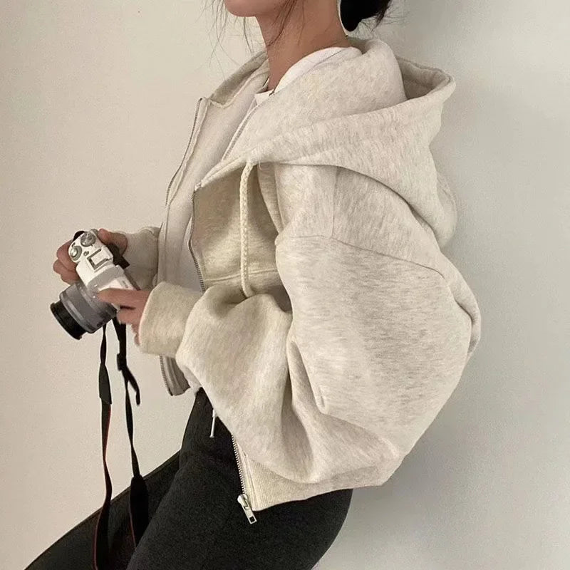 Zippered Long Sleeved Hooded Sweatshirt Loose Casual Simple Trendy Versatile Solid Color Fashionable Lazy Jacket Wholesale
