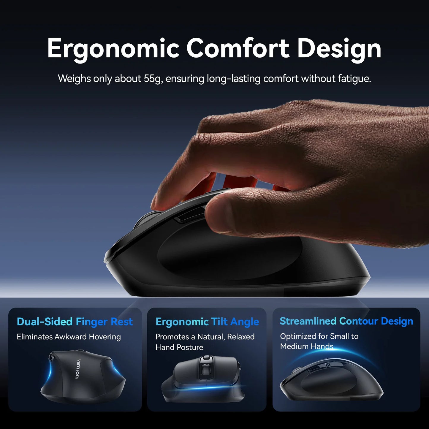 Vention Ergonomic Wireless Mouse Bluetooth 5.1 Dual-Mode USB 2.4G Mouse 4000 DPI 6 Buttons Mouse for PC MacBook Pro Tablet Mice