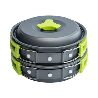 Campingkokset 9-delar – Non-Stick Aluminium, Kastrull, Panna, Skålar & Förvaringsväska, Ljusgrön