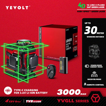 YEVOLT YVGLL4XS16 Grön Lasernivå – 4 Plan, 16 Linjer, Självnivellerande 360° 3D