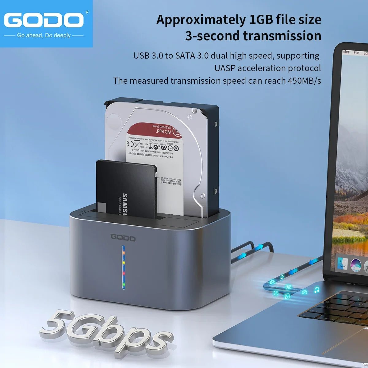 GODO USB 3.0 Dubbel Fack Typ C Hårddiskdocka för 2.5/3.5 tums SATA-enheter