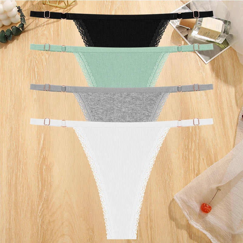 4Pc G-String Cotton Lace Women Thongs Lingerie Low Rise Panties Adjustable Waistband Straps Hipster Underwear For Girl Intimates