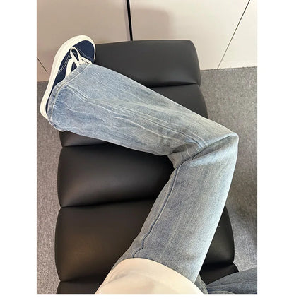 Washed Lightning Print Curved Flare Jeans For Male American Autumn Casual Fashion High Street Men Men Straight Leg Denim Pants