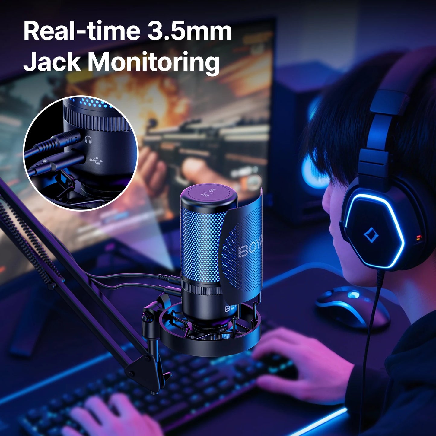 BOYA K3 USB Dektop Microphone with Noise Cancellation/Gain/RGB for Podcasting Live Streaming on iPhone Smartphone/PS4,5/Mac/PC