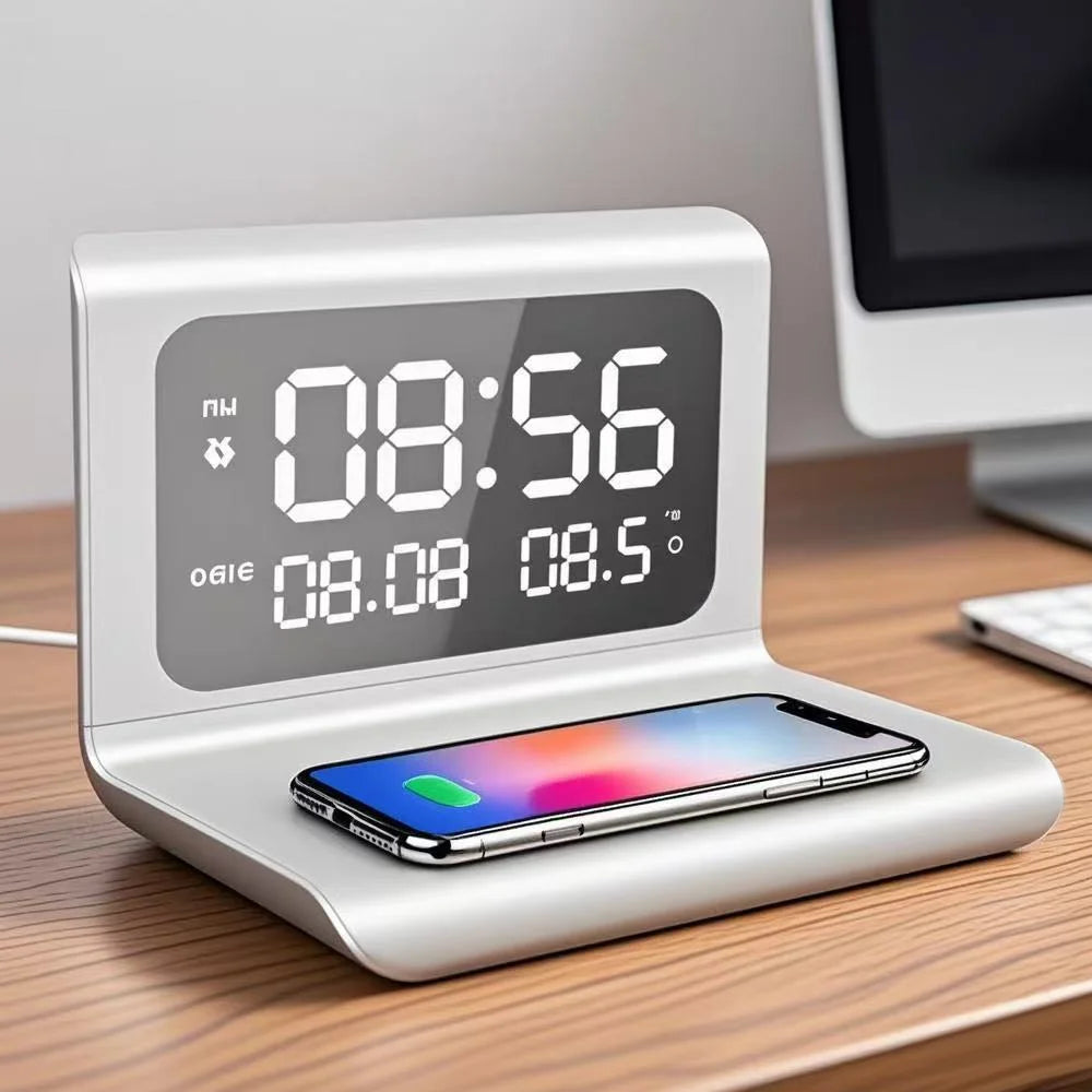 Trådlös Laddare 15W med Väckarklocka & Termometer – Qi USB-C iPhone 17–11 Samsung Xiaomi, 3 Alarm Celsius/Fahrenheit CE RoHS