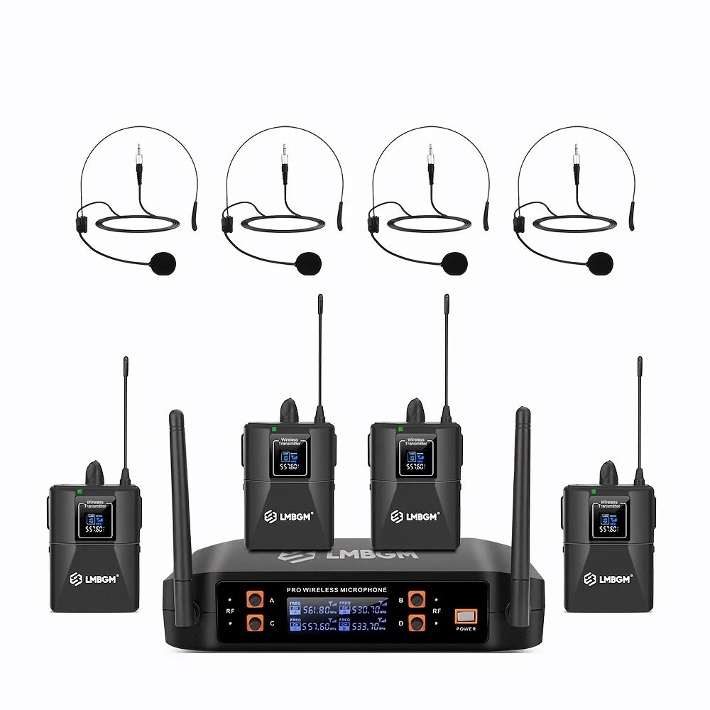 LMBGM-D44 Wireless Microphone System 4 Channel Lavalier/Headset Mic UHF Fixed Dual Band Wireless Set for Church Wedding Party