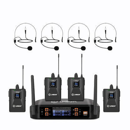 LMBGM-D44 Wireless Microphone System 4 Channel Lavalier/Headset Mic UHF Fixed Dual Band Wireless Set for Church Wedding Party
