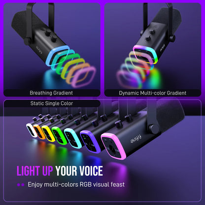 FIFINE USB/XLR dynamisk mikrofon med RGB, hörlursuttag och mute