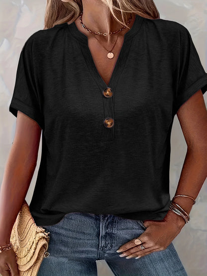 Chic Plus Size Short Sleeve Buttoned V-Neck Casual T-Shirt Lightweight Summer Top for Women