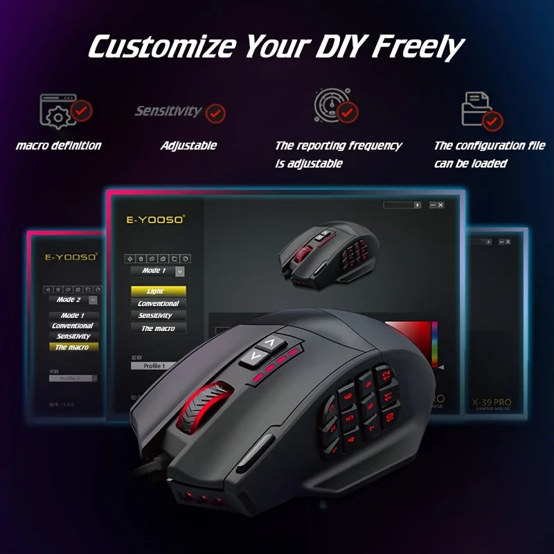 E-YOOSO Upgraded Wired Gaming Mouse X-39 PRO with Macro Edit Side Key DIY Lighting Design SG8960Processor Ergonomic Gaming Mouse